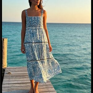 Joie Blue & White Printed Square-Neck Maxi Dress Beadwork Eyelet Lace